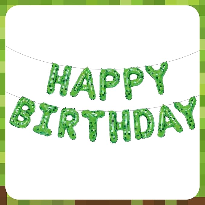 Green Pixel Miner Theme Happy Birthday Balloons Banner 16 Inch Letters, Inflatable Party Decor and Birthday Decorations for Women, Men, Boys & Girls Kids and Adults, Party Supplies