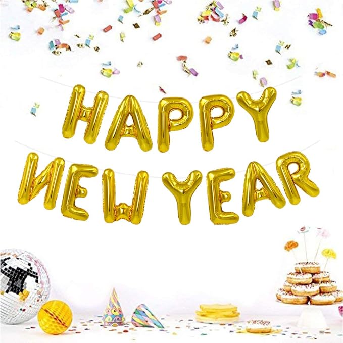TONIFUL Gold Happy New Year Balloons 16 Inches Mylar Foil Letter Sign Banner balloon For 2025 New Years Eve Party Anniversary Decor Home Party Decorations