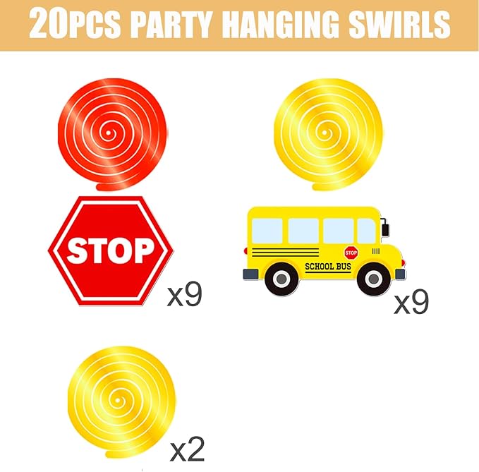 School Bus Hanging Swirls Wheels On The Bus Birthday Decorations 20Pcs Back to School Ceiling Swirls School Bus Party Hanging Streamers for School Classroom Theme Party Supplies