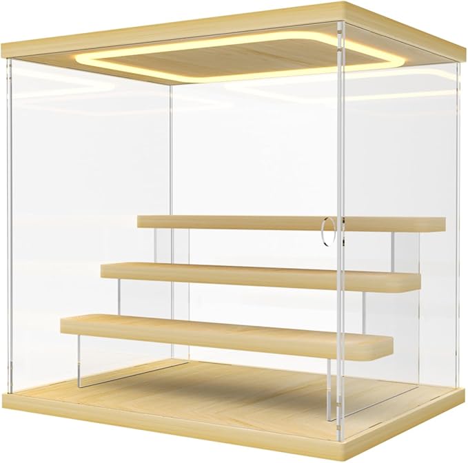 Nynelly Acrylic Lighted Display Case for Collectibles, 4 Tier Figure Display Box with Door and Steps, Assemble Dustproof LED Showcase Storage Box for Mini Figures, Funko Pop, Toys, Wood Color