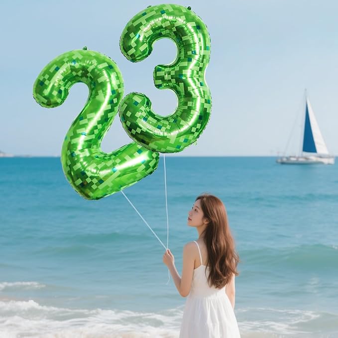 40 Inch Green Pixel Miner Number 6 Foil Balloons Large Mylar Mining Theme 6th Number Balloon Video Game Birthday Decorations Pixel Game Party Supplies