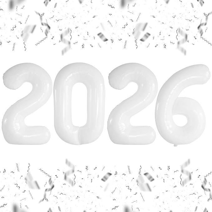 KALOR 16 Inch 2026 White Foil Number Balloons, 2026 New Years Decorations for 2026 Happy New Year Eve and Graduations Party Supplies