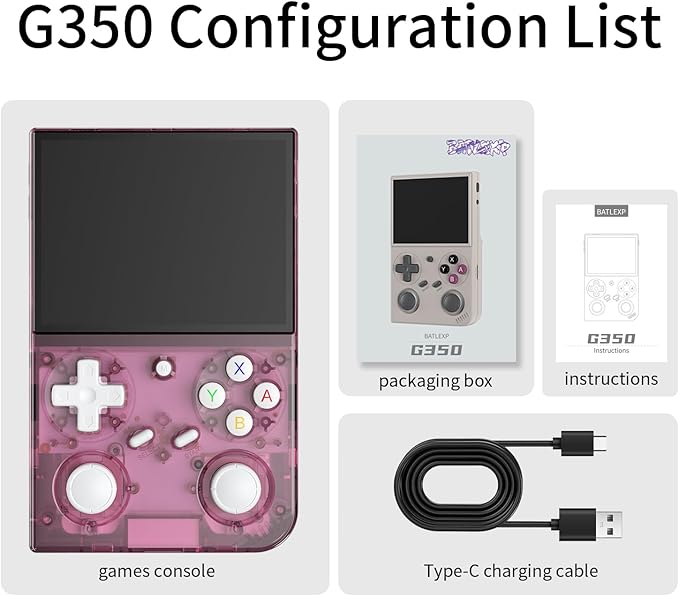 G350 Handheld Game Console , 3.5 Inch IPS Screen Linux System 3200 mAh Battery 4371 Games Preloaded , Portable Retro Video Games Console Support Controller and Earphone (Transparent Pink)