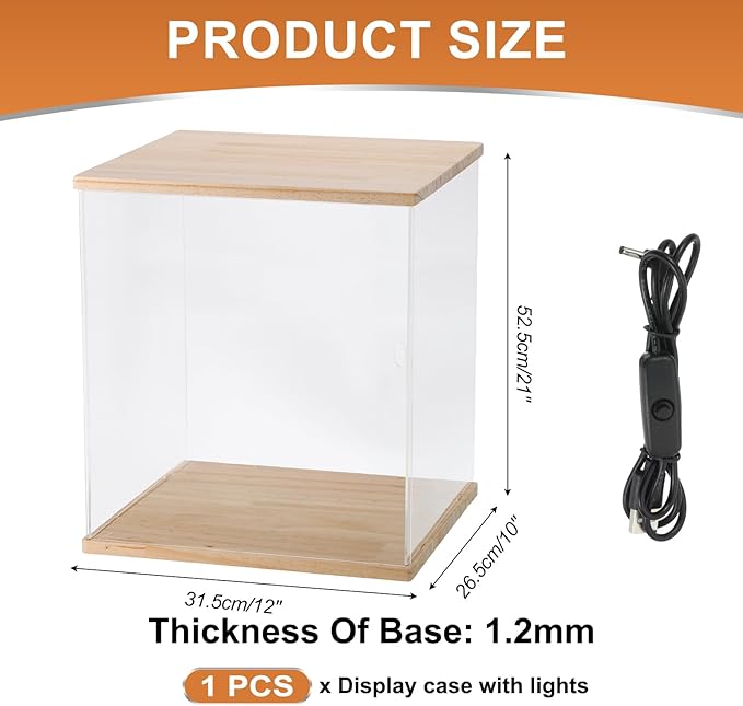 MECCANIXITY Clear Display Case, Acrylic Figure Display Case Clear Display Boxes for Collectibles, Figures Model Toys Home Storage(with Square LED Light, 12x10x21 Inch Wood Base)
