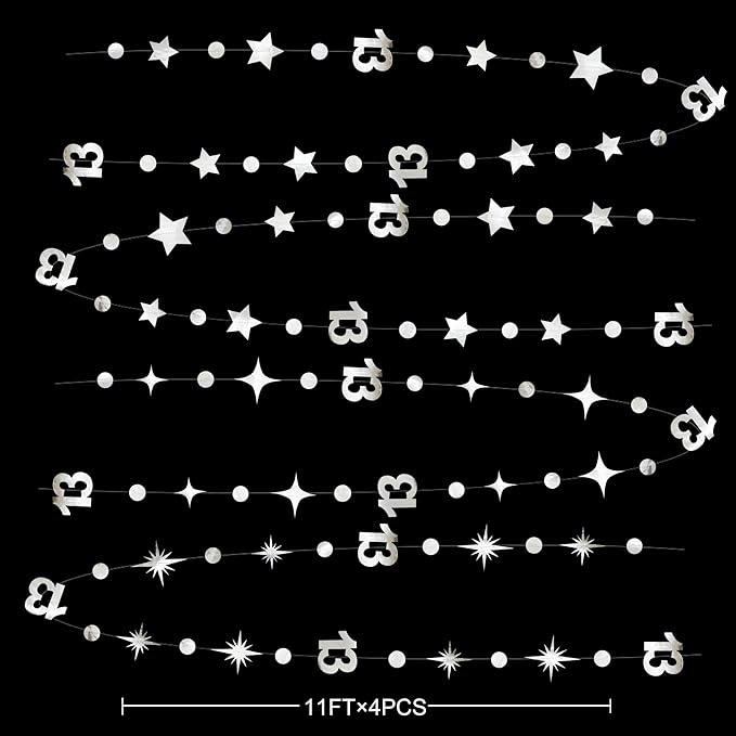 Silver 13th Birthday Decorations Number 13 Circle Dot Twinkle Star Garland Metallic Hanging Streamer Bunting Banner Backdrop Girls Boys 13 Years Old Birthday Thirteen Official Teenager Party Supplies