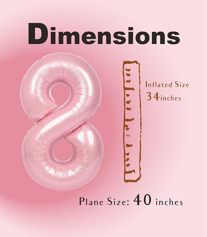 SUWEN 40 Inch Pink Large 8 Number Balloons Big Foil Helium Number Balloons 0-9 Jumbo Happy 8th Mylar Birthday Party Decorations for Girl Anniversary Party Supplies