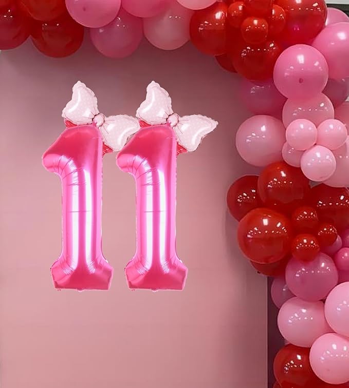 40 Inch Pink Number 11 Balloon with Mini Bow Balloon for Girls 11th Birthday Party Decoration, Pink Princess Western Cowgirl Theme Sweet Eleven Birthday Party Balloons Decorations Supplies Decor