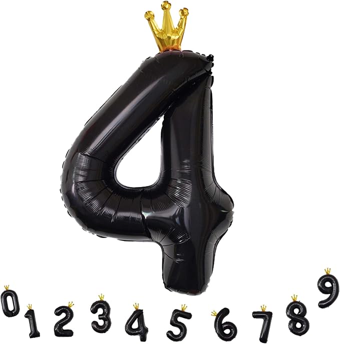 Crown Number Balloons 4 for Kids, Large Black Number Balloon 0-9 Set, Foil Helium Self Inflating 40 Inch Balloons for Girls 4th Birthday Party Decor Anniversary Party Decoration Boys Supplies