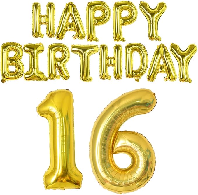 Happy Birthday Balloon Banner 40 inch 16 Balloon Number 16 Inch Happy Birthday Letters Balloons Gold Foil Mylar Balloons for 16th Birthday Decorations Party Supplies