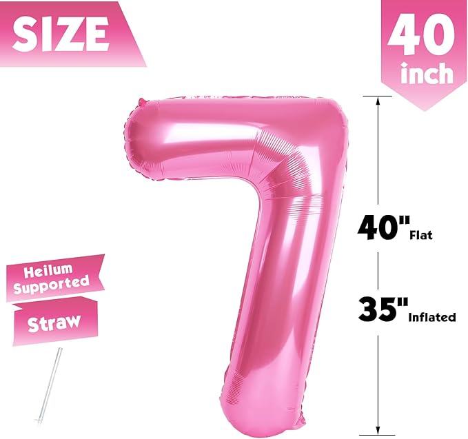 40 Inch Pink Number 7 Balloon, Giant 7 Number Balloons for 7th Birthday Decorations, Party Supplies for Baby Boy Girl, Pink Party Decor