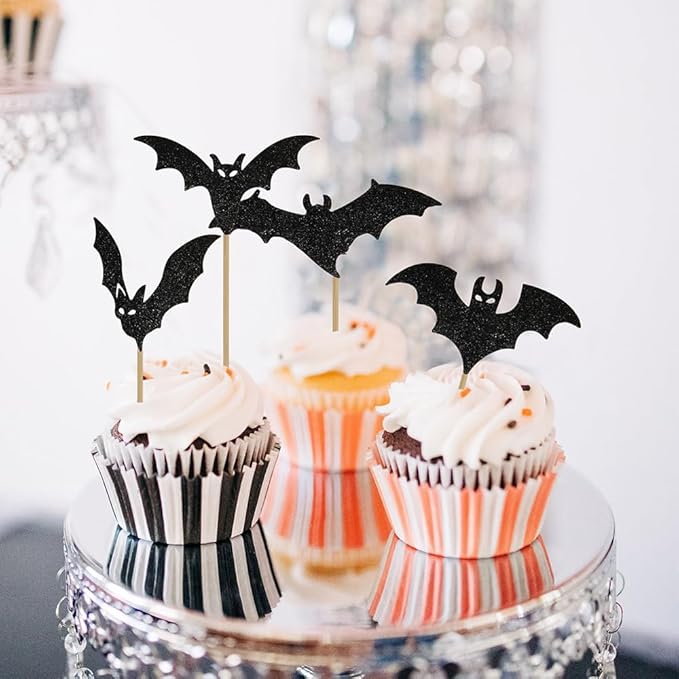 12 Pcs Halloween Cupcake Toppers, Halloween Bat Cake Decorations, Black Glitter Bat Cupcake Party Decorations, Cupcakes Picks Food Picks for Halloweens Theme Party, Bats Birthday, Baby Shower