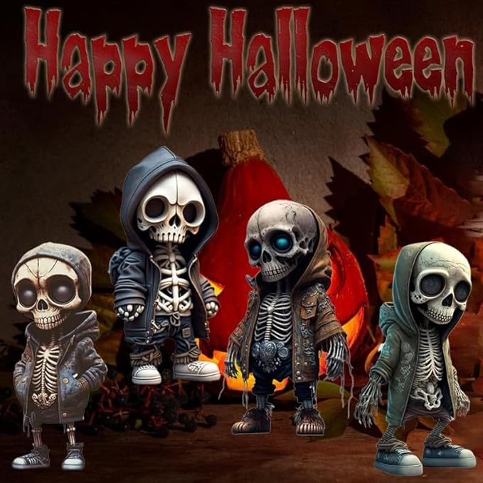4pcs Mini Skeleton Figurines Small Skulls Action Figure Halloween Resin Gnome Statue Cute Cool Home Desk Office Decor