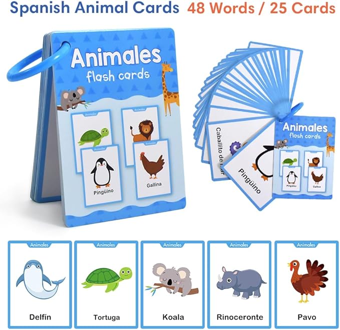 Animales Spanish Animals Vocabulary Flash Cards, Language Learning Classroom Supplies, Words Cognitive Cards for Preschool Kindergarten, Homeschool Teaching Aids