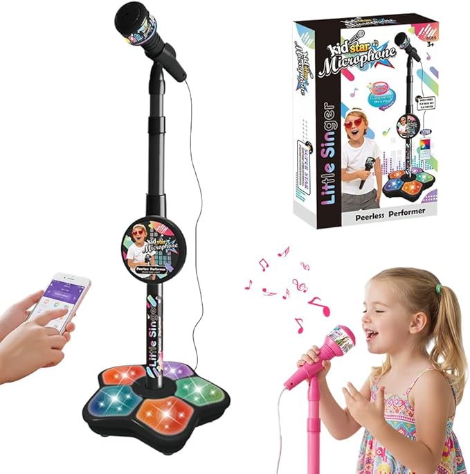 The All in One Microphone Toy, Star Microphone with Stand, Kid Star Microphones Toy Karaoke Machine with Lights, Speaker & Echo Effects, Move to Play (Black)