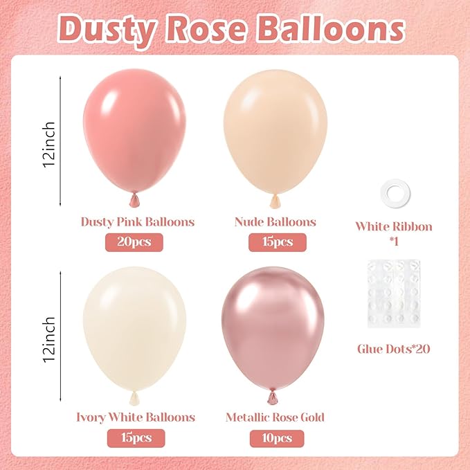60pcs Dusty Pink Balloons, Blush Pink Dusty Rose Nude Ivory White Metallic Rose Gold Balloons for Boho Baby Shower Birthday Party Wedding Bridal Shower Party Decorations