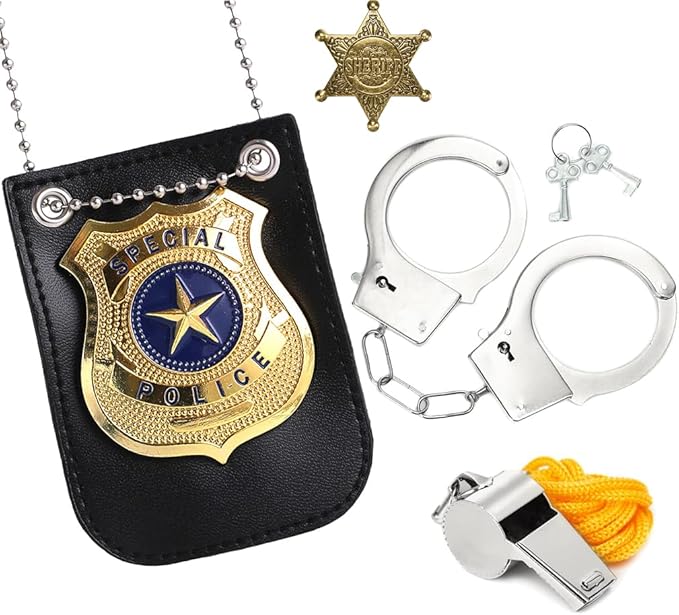 Police Pretend Set for Halloween Dress Up Pretend Play Police Badge，Whistle, Sheriff Badge, Handcuffs Set