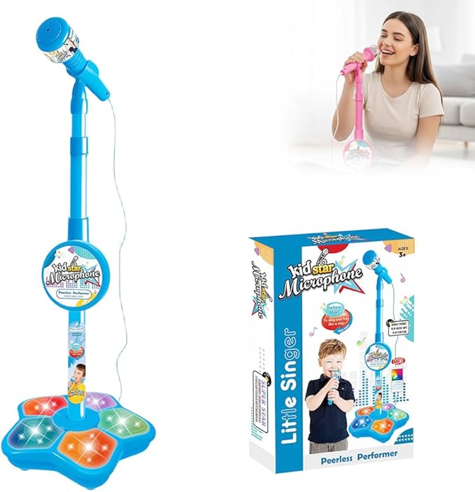 Kids Star Microphone with Stand, All-in-One Portable Karaoke Machine, Colorful Lights & Echo Effects, Easy-to-Use Singing Toy for Birthday Parties & Music Play (Blue)