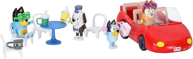 Bluey Escape Convertible Vehicle Figurines Pack of 4, Robust Toddler Toy Car with 9 Accessories and Stickers, Immersive Car Toys for Kids Ages 3+