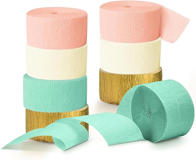 NICROHOME EUR Pastel Party Decorations, 8 Rolls Mint Green Pink White Gold Crepe Paper Streamers for Wedding, Baby Bridal Shower, Engagement Party, Birthday, Valentine's Day, Easter, 82 Ft Long