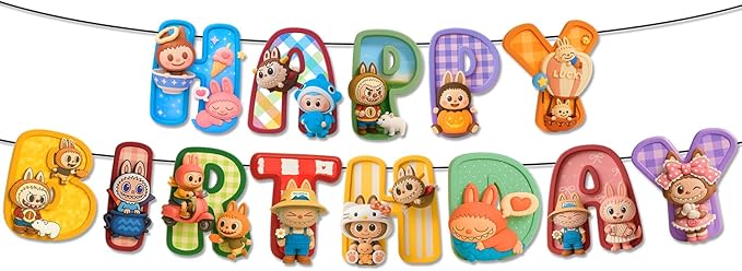 IndoTribe Pink Happy Birthday Banner - Pre-Strung,No DIY Cute Cartoon Theme Happy Birthday Sign Birthday Decorations for Girls Reusable Happy Bdy Backdrop for Women