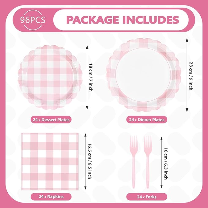 96Pcs Pink Birthday Party Decorations for Girls Light Pink & White Scalloped Checkered Plaid Plates and Napkins Tableware Sets for Kids Baby Shower BBQ Pastel Theme Party Supplies Serves 24