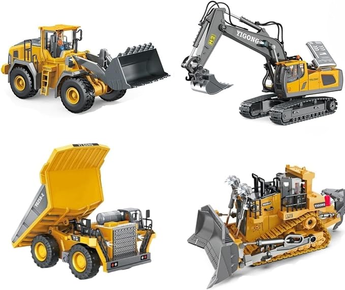 Remote Control Excavator (11-Channel), Dump Truck, Bulldozer, Loader (9-Channel), 2.4GHz Remote Control Construction Vehicles, Metal Construction, with Cool Lights and Sound Effects, 4-Pack