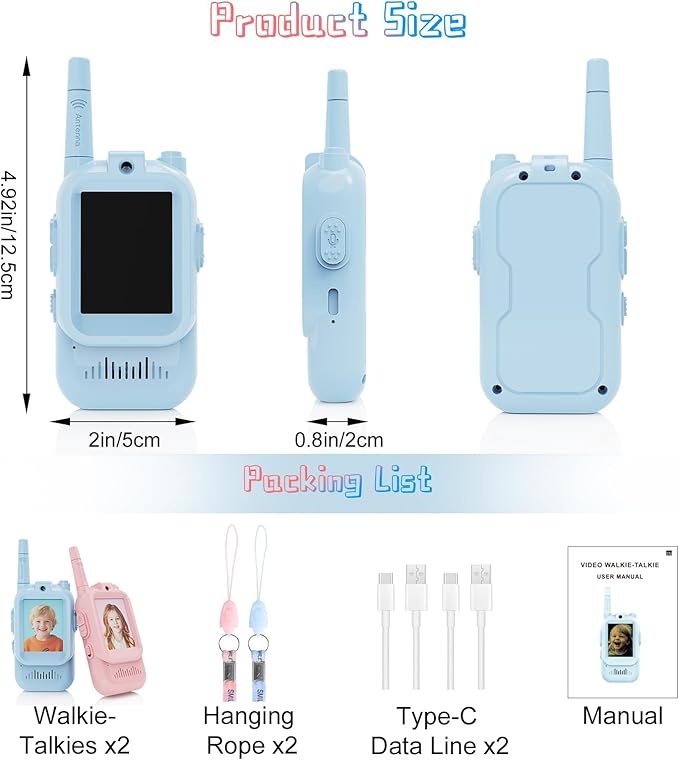 Video Walkie Talkies for Kids, 2 Pack Rechargeable Toddler Toys with HD Camera, Indoor Outdoor Toys for Family Games, Outside, Camping, Hiking for Boys Girls Ages 3-12 (Blue/Pink)