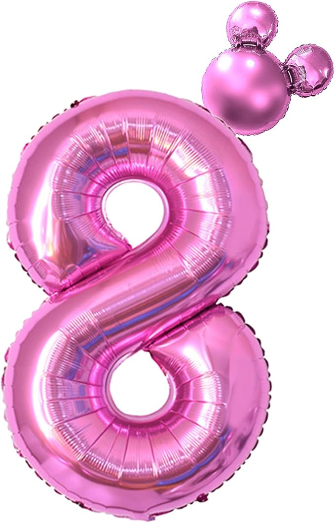 HIBILDER 40 inch Hot Pink Number 8 Balloon & Mini Mouse Head Balloon, 8th Birthday Party Decoration Balloons, Cartoon Mouse Birthday Party Supplies, Princess Birthday Party Decorations Supplies