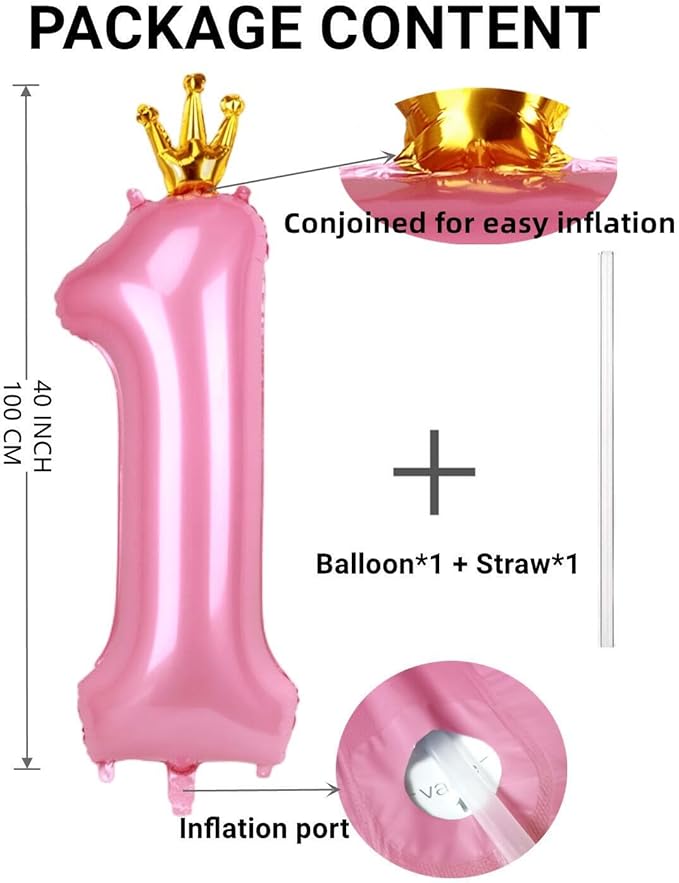 40 Inch Crown Pink Number 1 Balloon, Big Conjoined Baby Pink Foil Mylar Helium 1 Balloon | Girls 1st Birthday Balloon Pink Princess Theme Baby Shower First Birthday Party Decorations Supplies