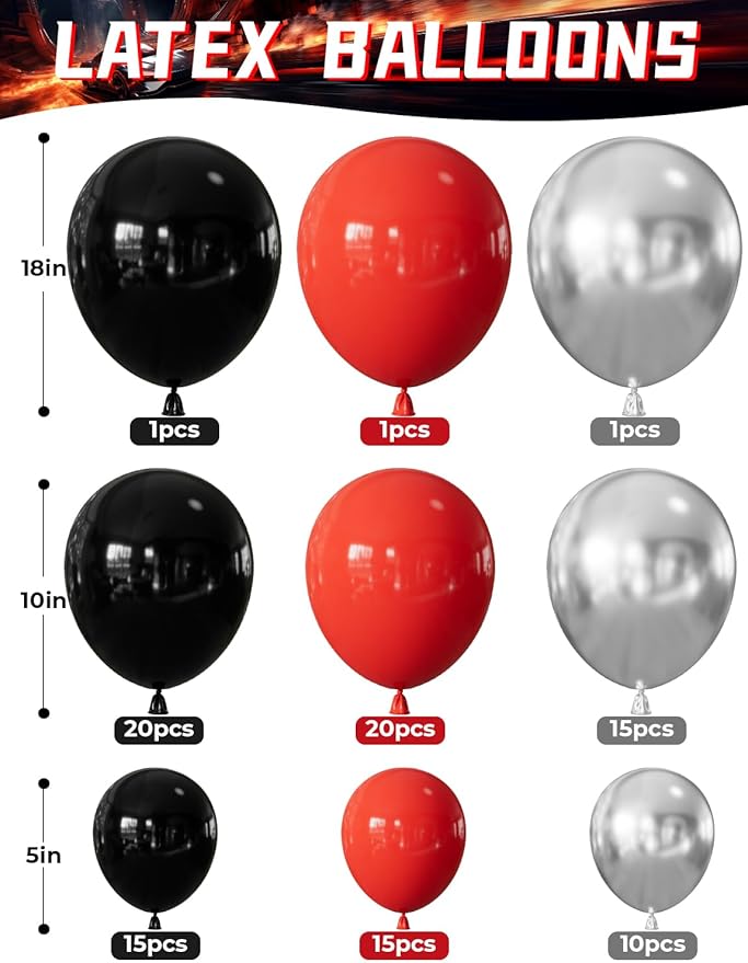 Race Car Balloon Arch Garland Kit, 103 Pcs Red Black Silver Balloons with Foil Checkered Flags and Wheels Balloons, for Racing Themed Birthday Party Supplies for Boys