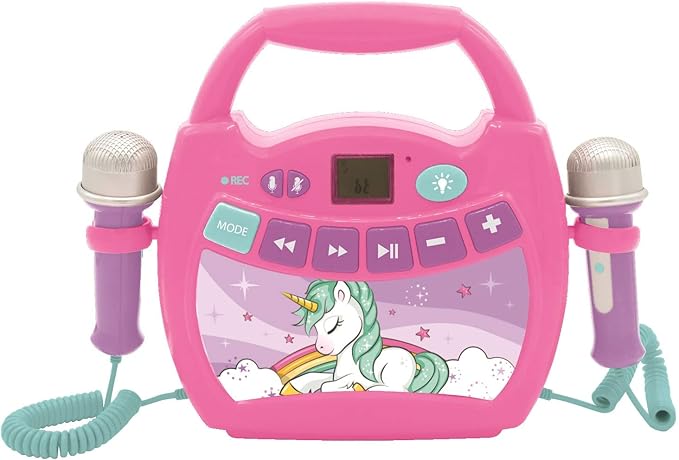 LEXiBOOK Unicorn - Portable Karaoke Digital Player for Kids – Microphones, Light Effects, Bluetooth, Record and Voice Changer Functions, Rechargeable Battery, Pink, MP320UNIZ