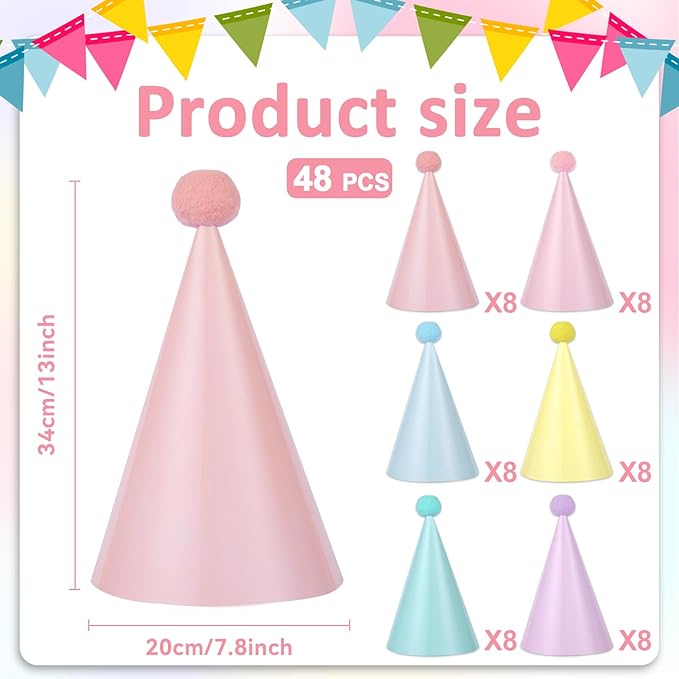 CHUNNIN 48pcs Rainbow Party Hats Pastel Rainbows Birthday Parties Supplies Macaron Cone Hat Happy Birthdays Paper Headwear with Pom Pom for Kids and Adults Baby Shower Bridal Shower Decorations Favors