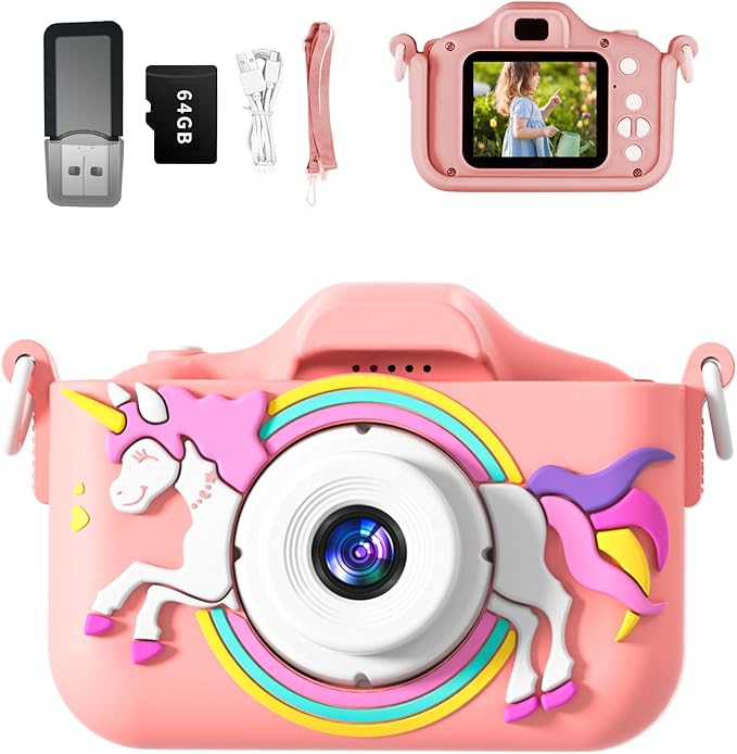 Kids Camera, Rainbow Design, 2.0 Inch LCD Screen, with 64GB Memory Card, Girls Toy