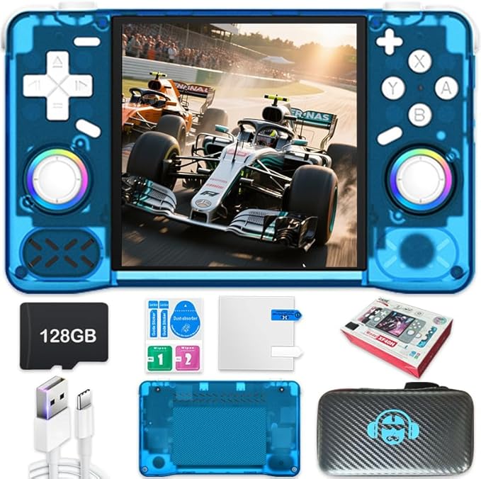 New Retro Handheld Game Console,4-inch IPS Screen with Storage Bag,Built-in 128G with 22000 Games,Linux System,Portable Pocket Mini Arcade (Blue,128g)