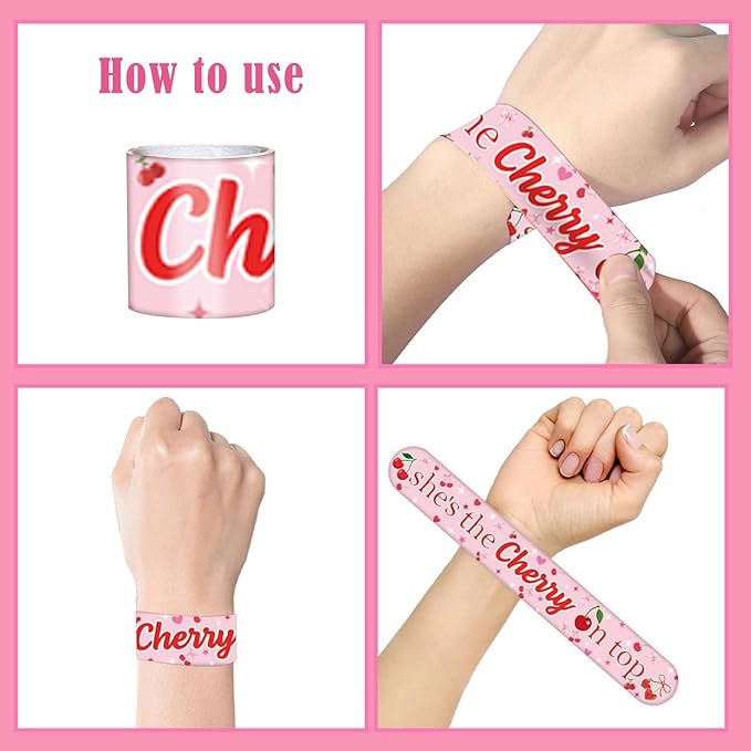 110PCS Cherry Party Favors She's The Cherry On Top Slap Bracelet Summer Fruit Cherries Stickers Tattoos, Keychain, Button Pins, Cute Cherry Party Gift Bag for Wedding Bridal Baby Shower Supplies