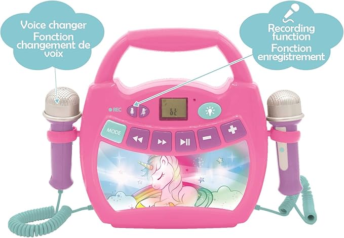 LEXiBOOK Unicorn - Portable Karaoke Digital Player for Kids – Microphones, Light Effects, Bluetooth, Record and Voice Changer Functions, Rechargeable Battery, Pink, MP320UNIZ