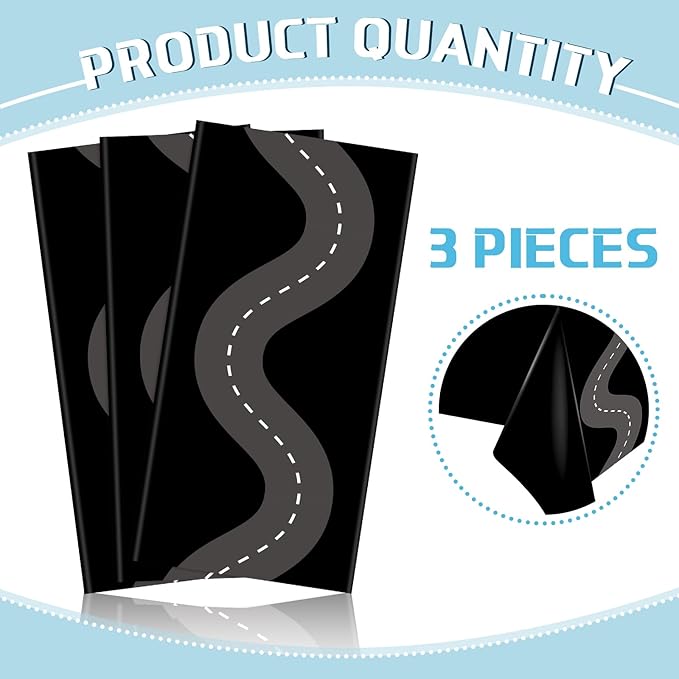 Irenare 3 Pcs Racing Table Cloths Car Birthday Party Supplies 54 x 108 Inch Racetrack Table Runner Covers Disposable Rectangular Road Tablecloth for Kids Boy Car Theme Birthday Party Decor (Black)
