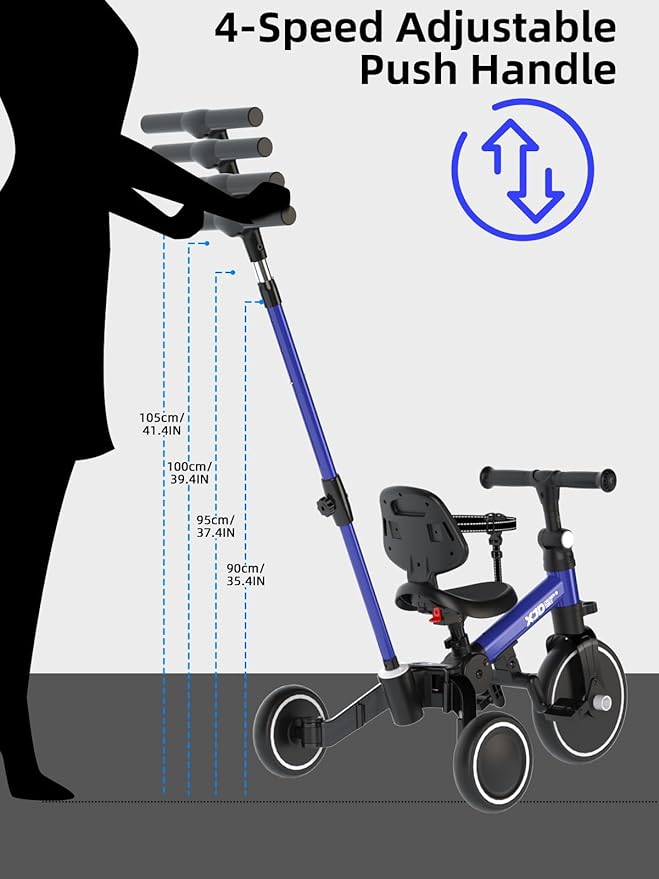 XJD Toddler Bike, 6 in 1 Folding Toddler Tricycle for 1-4 Year Old with Parental Control Handle, Balance Bike with Removable Pedal, Backrest, Adjustable Seat Height, First Birthday Gifts (Blue)