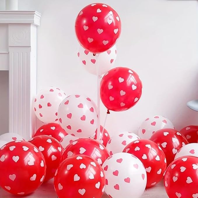 Valentines Day Balloons, 12 Inch Red White Ballons Heart Balloon I Love You Printed Romantic Valentines Day Balloon For Wedding Anniversary Party Decoration Supplies