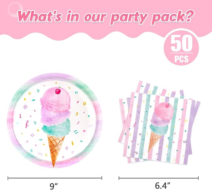 WERNNSAI Ice Cream Party Plates and Napkins - Serves 50 Guests 100 PCS Pink Sweet Ice Cream Themed Party Supplies for Girls Birthday Baby Shower Pool Summer Celebration Dinner Picnic Party Tableware