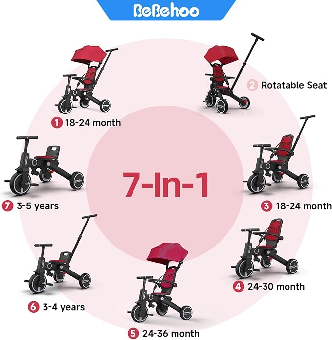 Tricycle Stroller for Toddler,Foldable Baby Tricycle,Kids Balance Bike with Push Handle,Toddlers Stroller Bike with 1 to 5 Years,7-in-1 Push Tricycle Bike for Kids (Red)