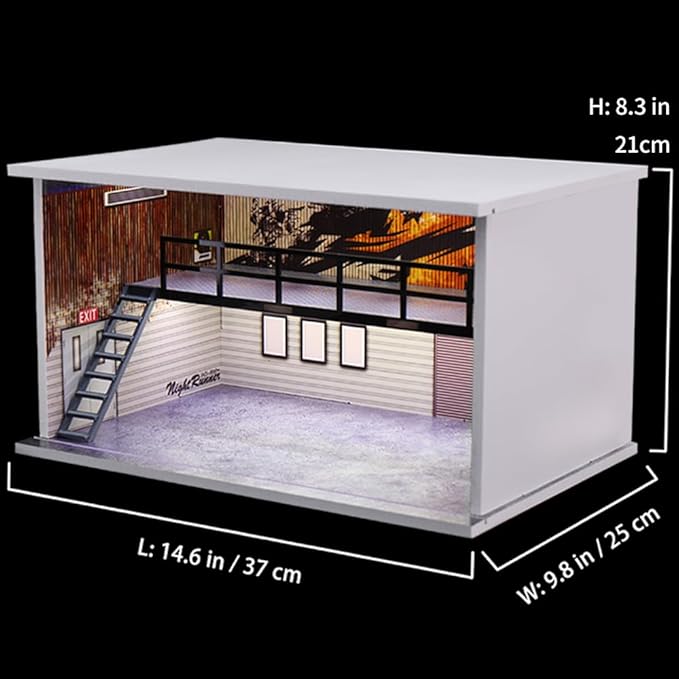 1/24 Scale die-cast Model car Display case with LED Light and Acrylic Cover, Parking lot Scene Diorama Toy Storage Garage Show case for Lego Collectors, Double Layer with 4 Parking Spaces (Drift)