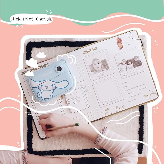 kiimento Sanrio Licensed Instant Print Digital Camera, Best Travel Buddy Cinnamoroll, 2.4” HD Screen, Ink-Free B&W Printing, Selfie Lens, 1080p Video, 32GB Memory Card (Model P)