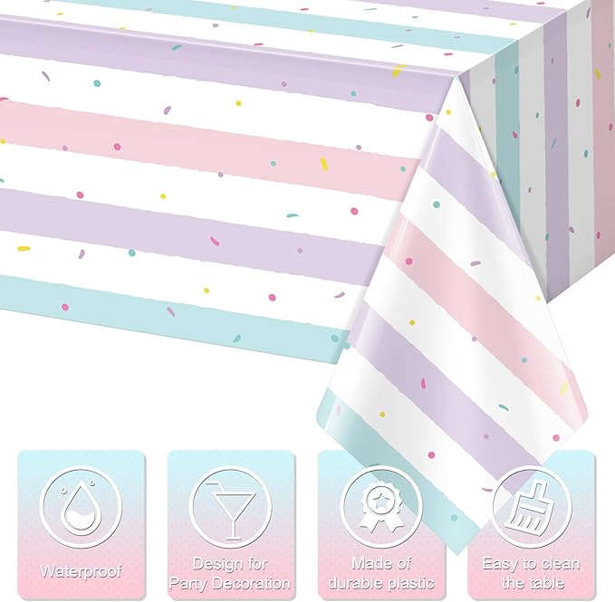 6 Pack Sprinkle Ice Cream Tablecloth Party Decorations, Ice Cream Birthday Plastic Party Supplies, Donut Disposable Rectangle Table Cover for Kids Girls Sweet One Birthday Baby Shower, 54 x 108 Inch