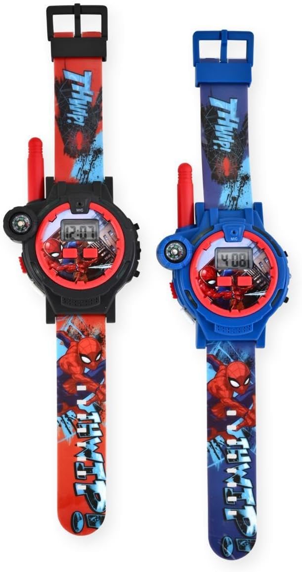 Accutime Spiderman Kids Rechargeable Walkie Talkie Watch Set - 2 Way Radio Watches, LED Flashlight, Compass, Toy Watches for Boys, Girls, Fans of Spiderman