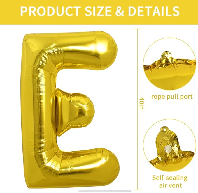TONIFUL 40 Inch Large Gold Letter E Balloons, Foil Mylar Big Balloons for Birthday Party Anniversary Supplies Decorations