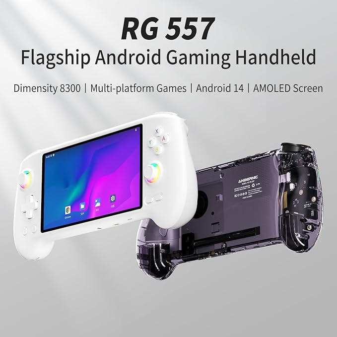 RG557 Retro Handheld Game Console , 5.48 Inch AMOLED Screen Handheld Emulator Android 14 System Dimensity 8300 Processor Support WiFi 6E Bluetooth 5.3(White)