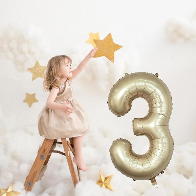Large Light Gold 3 Balloons, 40 Inch Metallic Champagne Gold Helium Mylar Foil Globos Numero for Boys Girls, Self Inflating 3rd Birthday Balloon for Women Men Anniversary Party Decorations Supplies