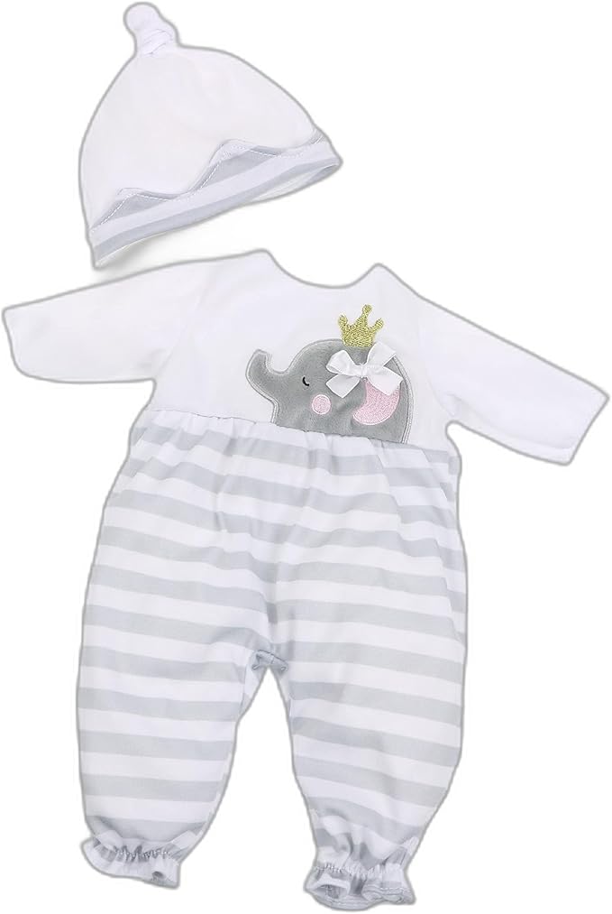 JC Toys | Berenguer Boutique | Baby Doll Outfit | Gray Striped Long Onesie with Headband, and Booties | Ages 2+ | Fits Dolls 14"- 16"