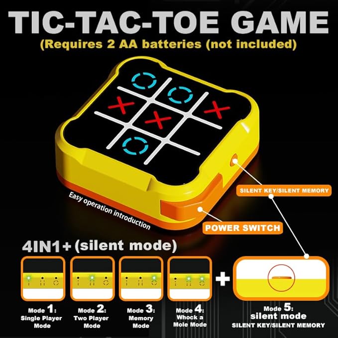 5-in-1 Electronic Tic-Tac-Toe Game, Handheld Electric Puzzle Game with Silent Mode, Portable Strategy Set for Kids & Adults,Travel Games, Birthday Gifts.（Orange）